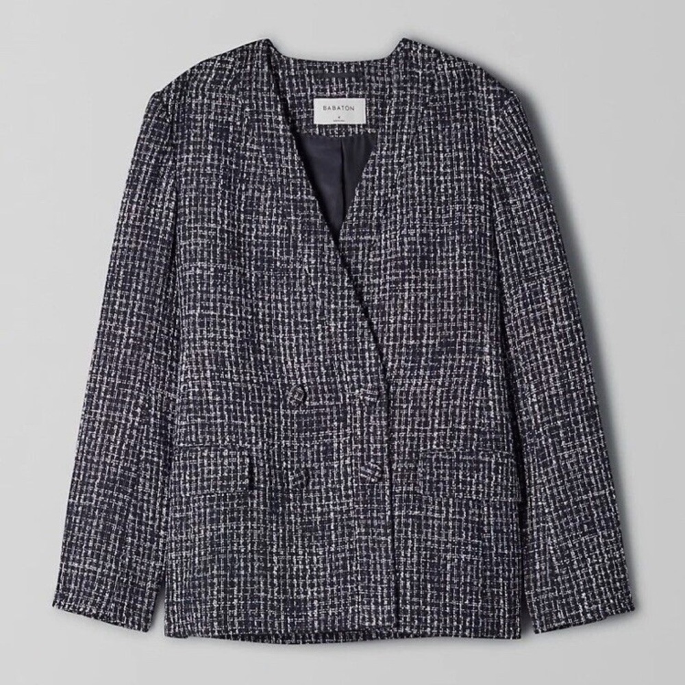 Aritzia Babaton Kilburn Navy Tweed double buttoned blazer jacket size 4 - Picture 3 of 9